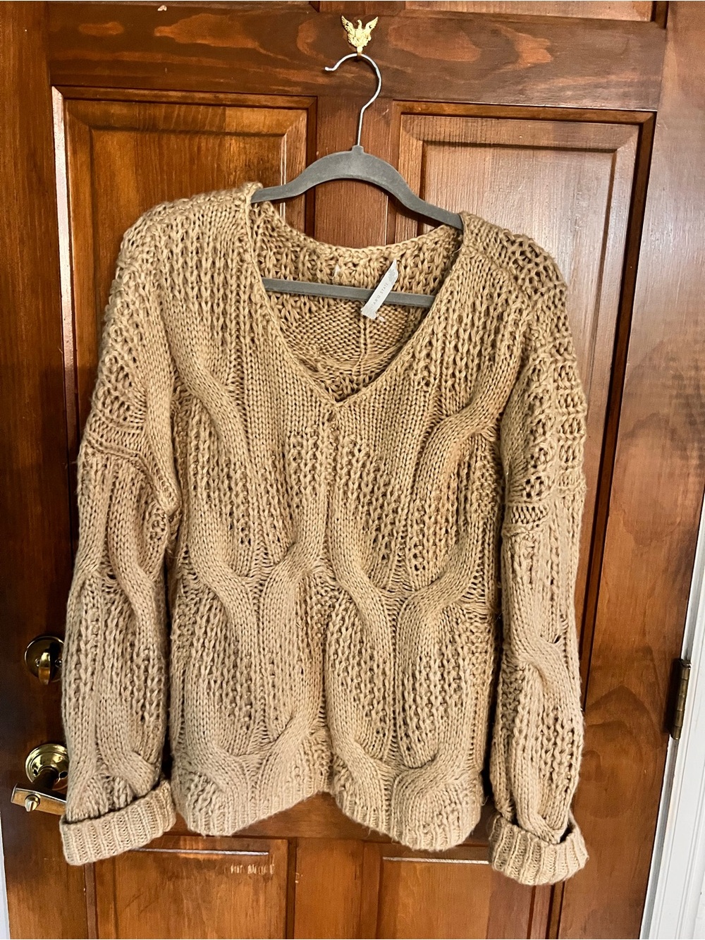 Altar'd State Chunky Cable Knit V-Neck Sweater - Camel